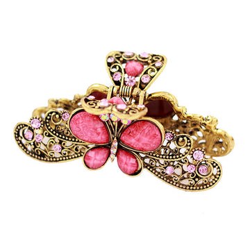 Antique Brass Rhinestone Butterfly Shark Claw Pink